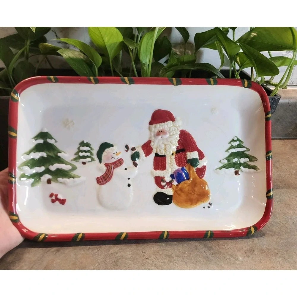 Decorative Vintage Christmas Serving Tray Plate W Santa & Snowman 13